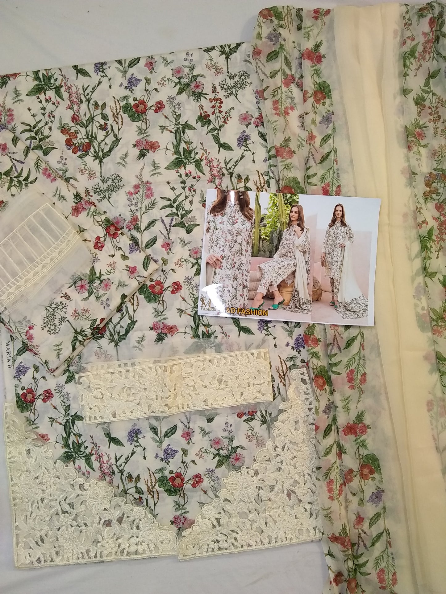 Maria b mprint Suit Beige floral pint 3pcs