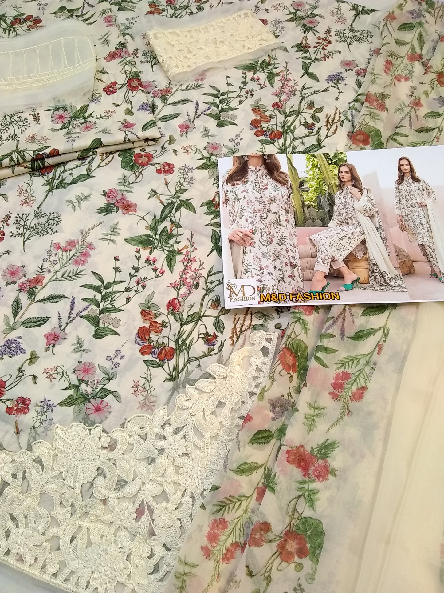 Maria b mprint Suit Beige floral pint 3pcs
