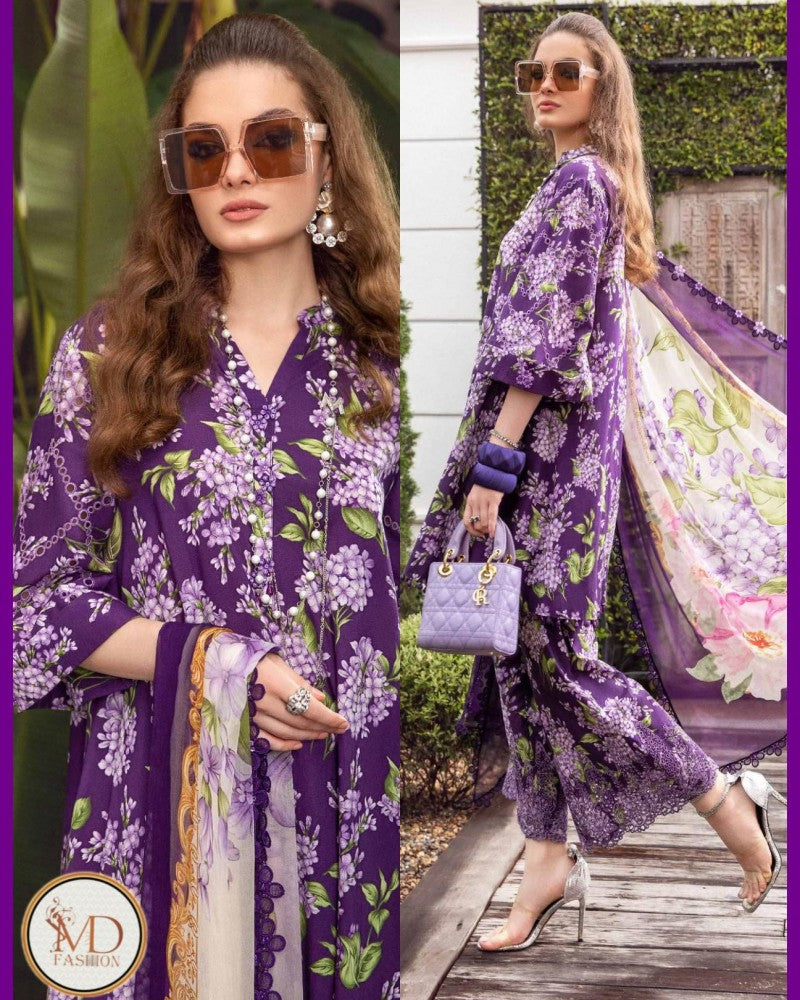 Maria b PURPLE FLORAL DIGITAL PRINTED EMBROIDERED DRESS