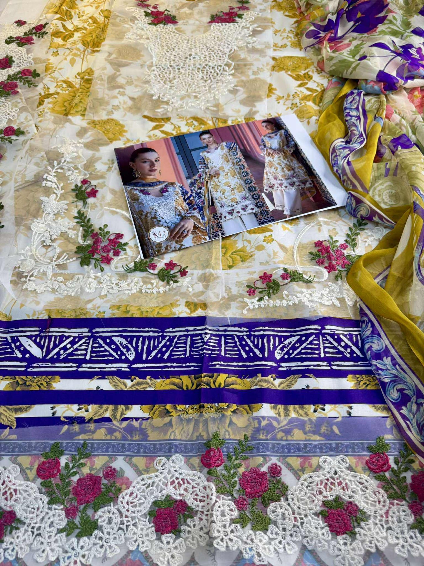 Elaf Mustard Blue Lawn embroidered