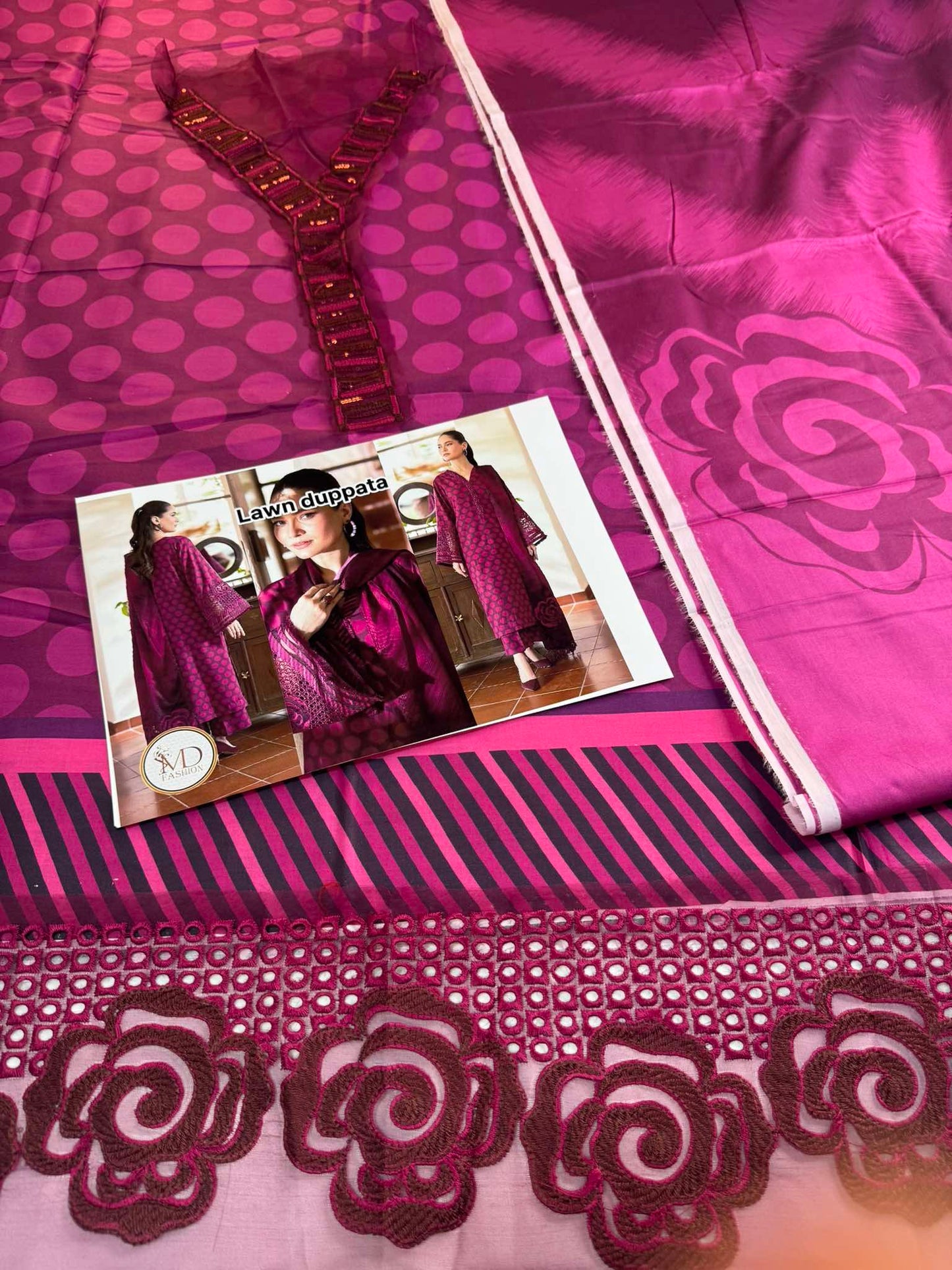 Baroque Magenta Lawn dress with Lawn duppata