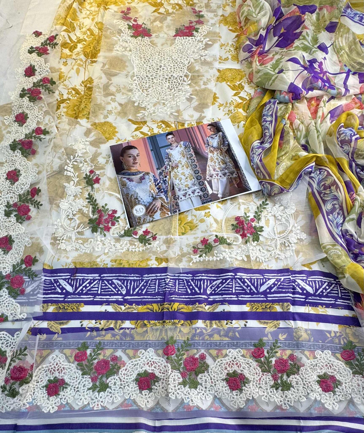 Elaf Mustard Blue Lawn embroidered