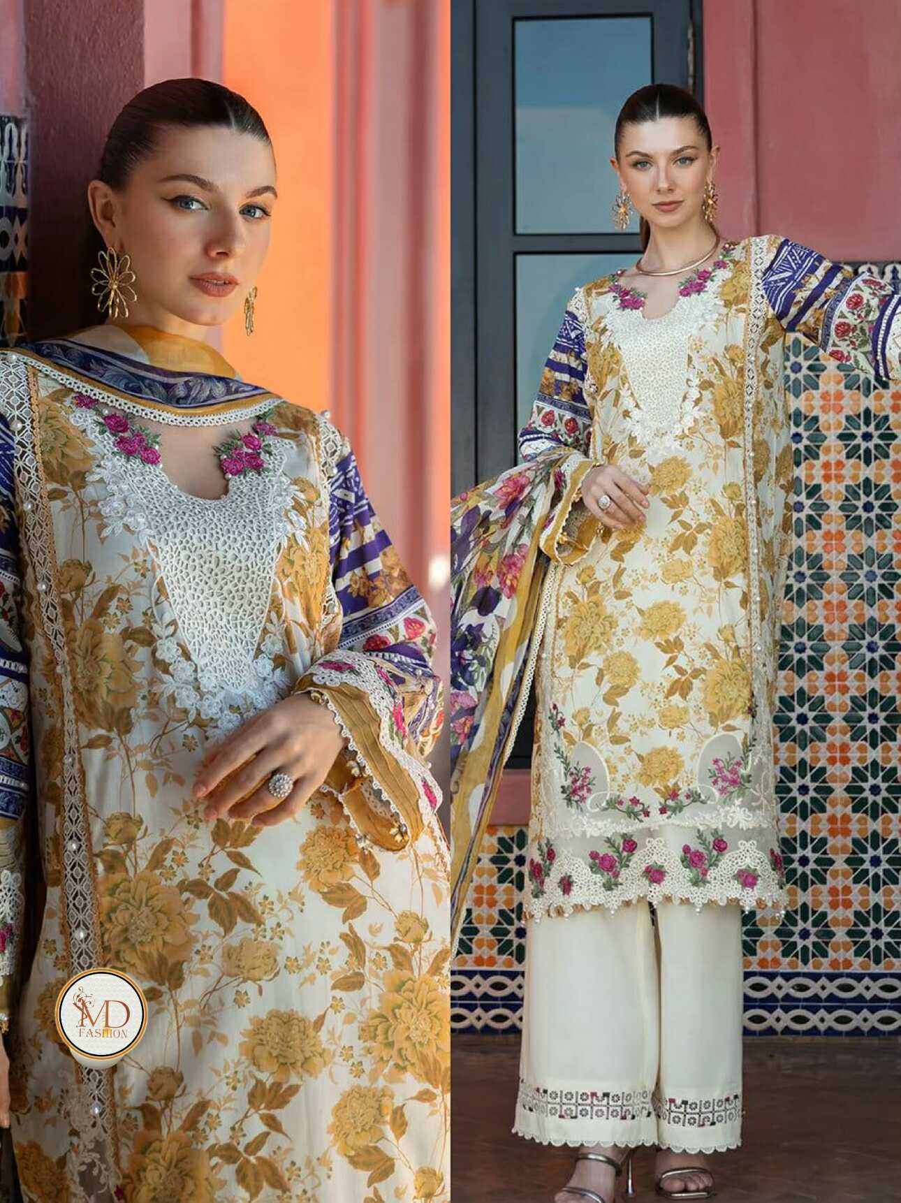 Elaf Mustard Blue Lawn embroidered