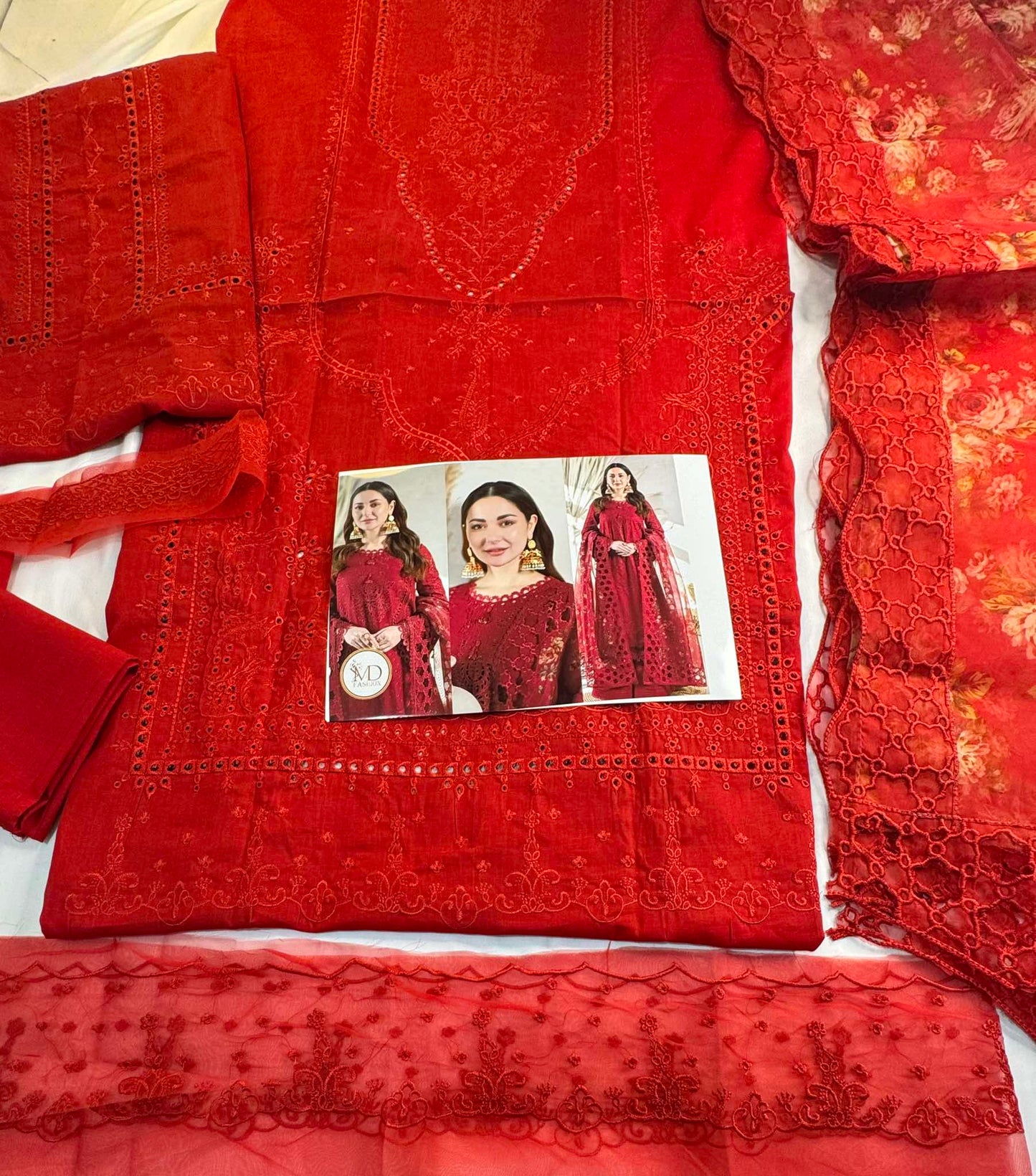 Qalamkar Full Red Hania Lawn Dress