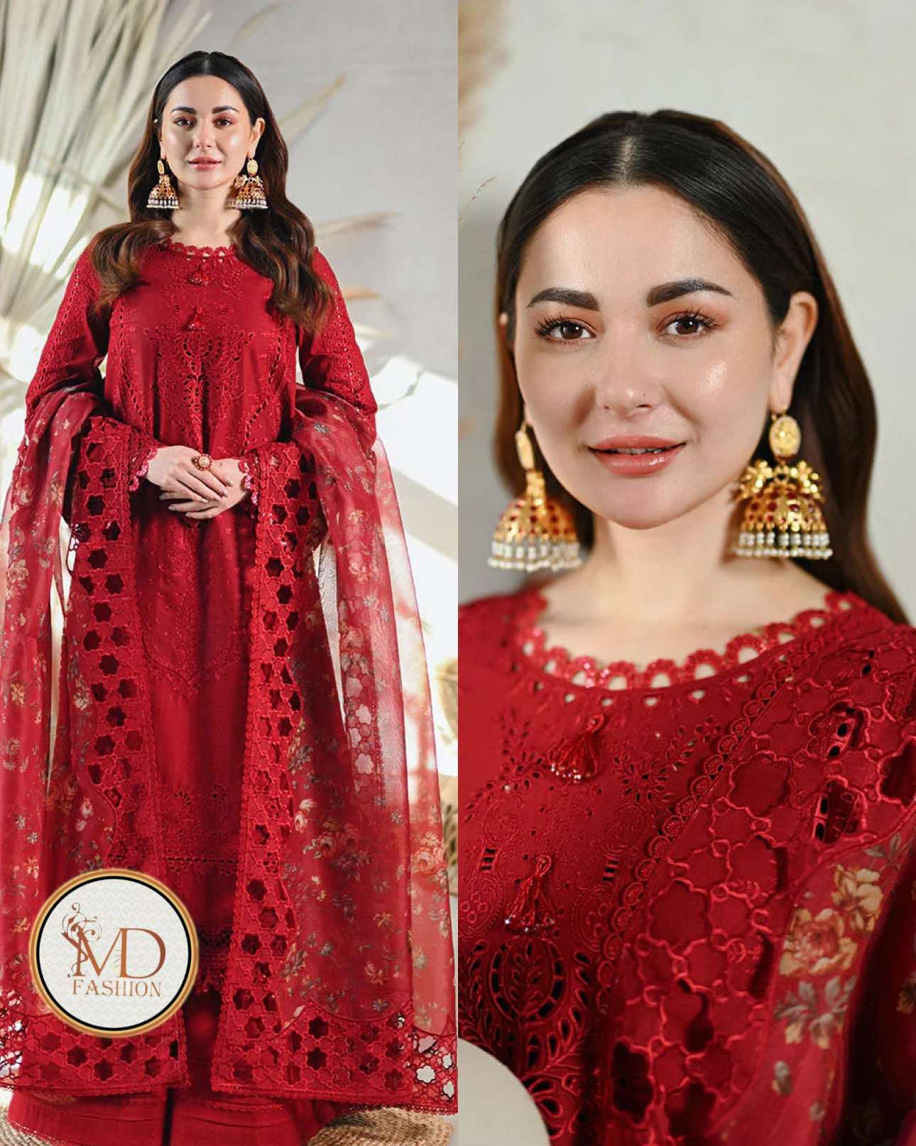 Qalamkar Full Red Hania Lawn Dress