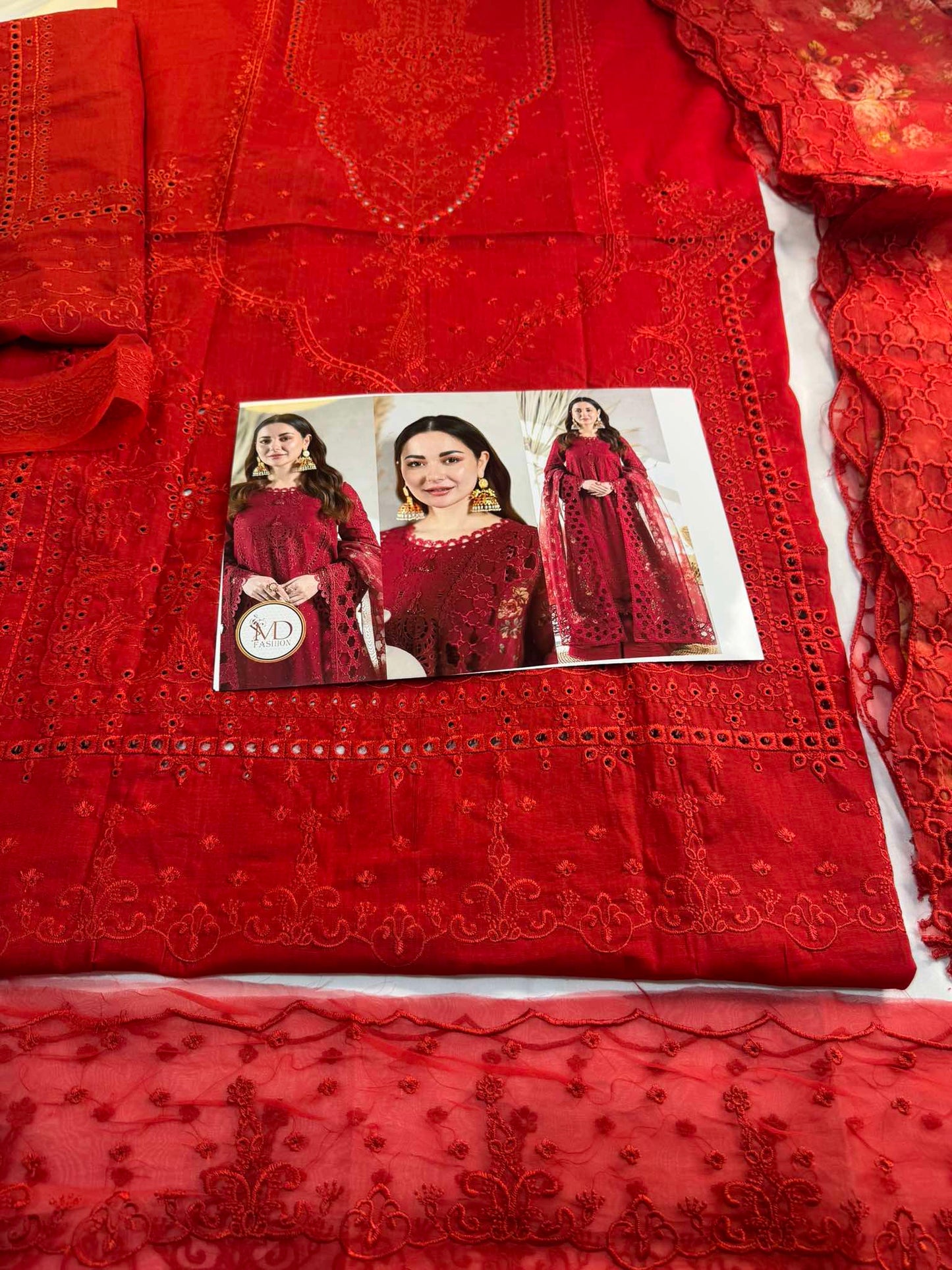 Qalamkar Full Red Hania Lawn Dress