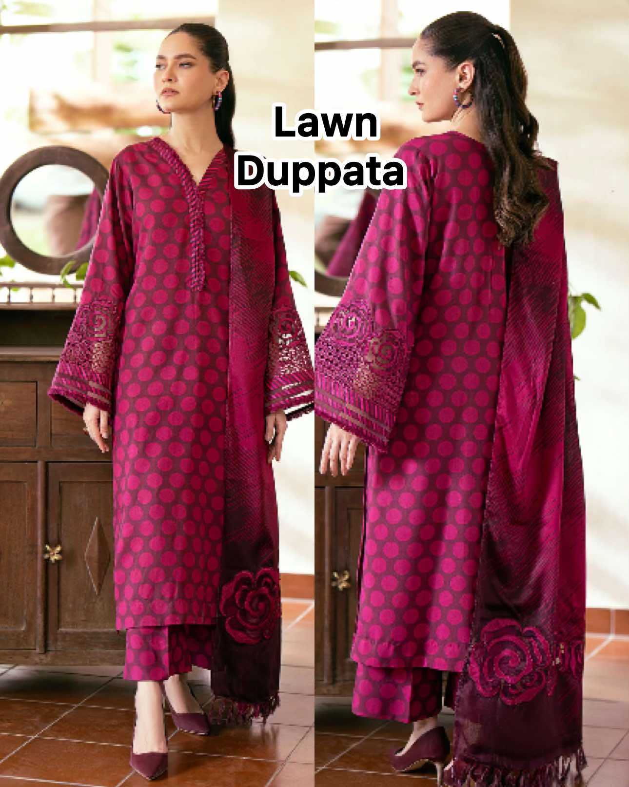 Baroque Magenta Lawn dress with Lawn duppata