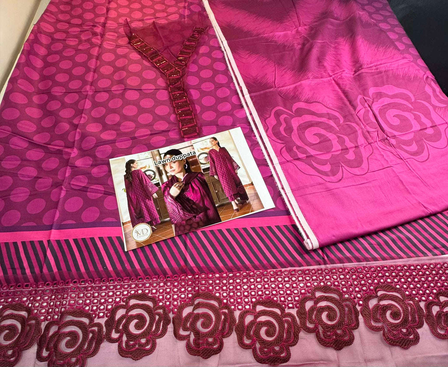 Baroque Magenta Lawn dress with Lawn duppata