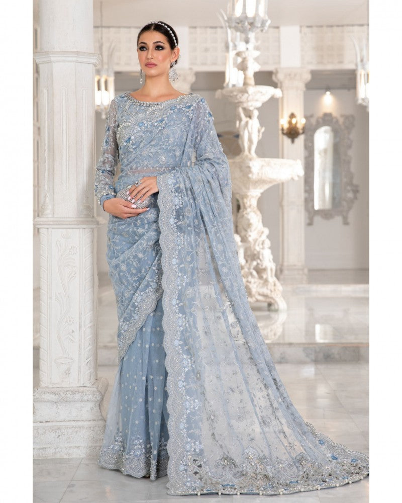 Maria b Ice blue Saree FULL NET SAREE