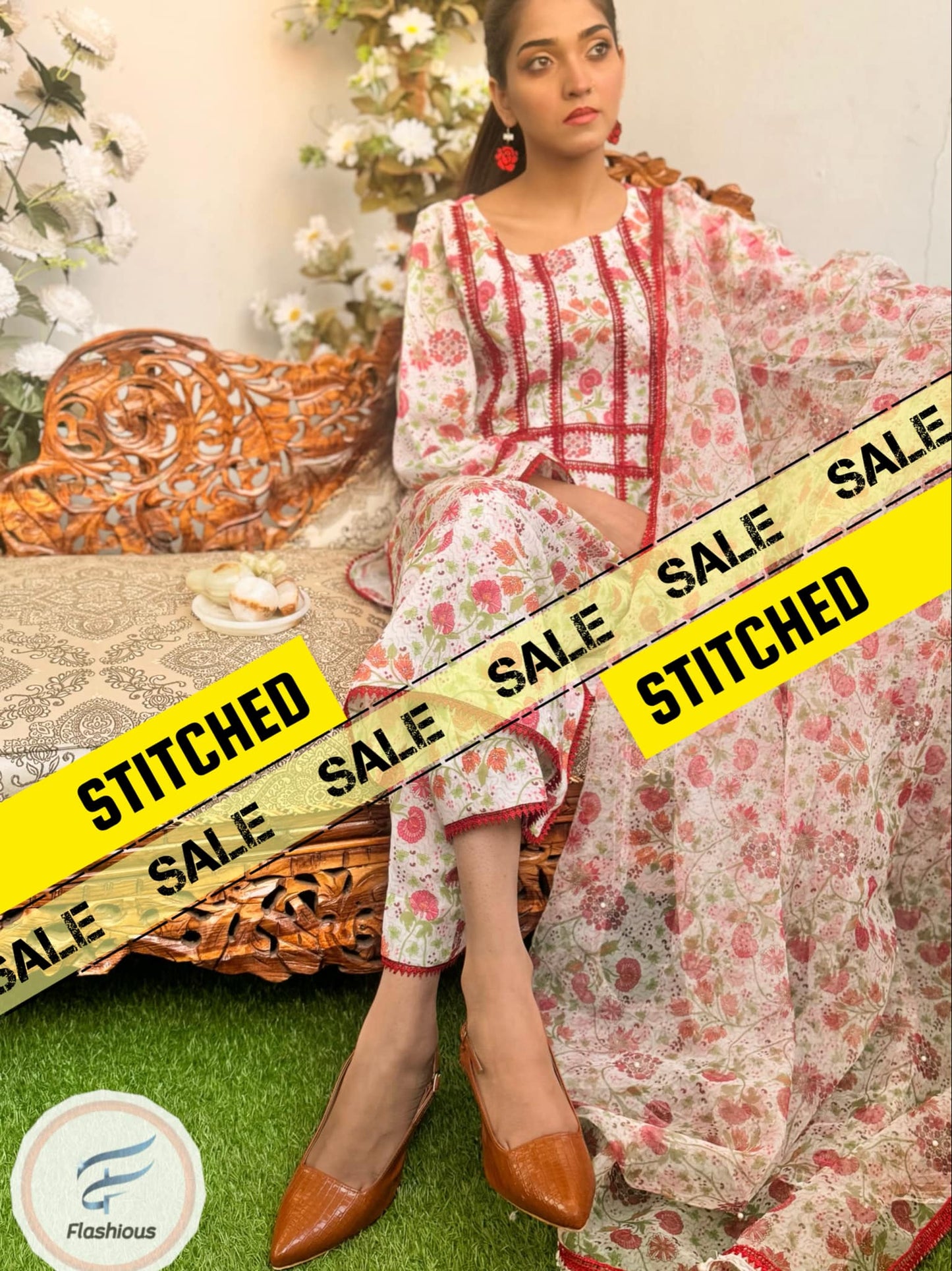 Swiss Lawn white printed 3piece stitched outfit