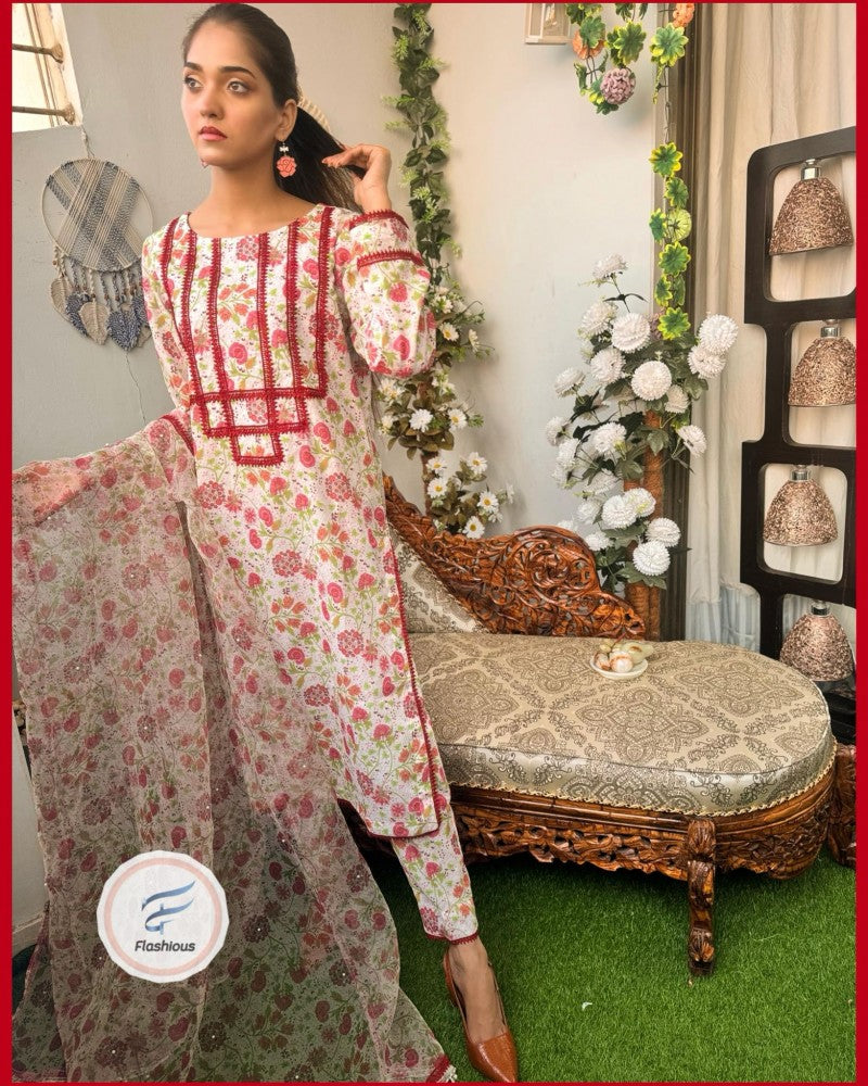 Swiss Lawn white printed 3piece stitched outfit