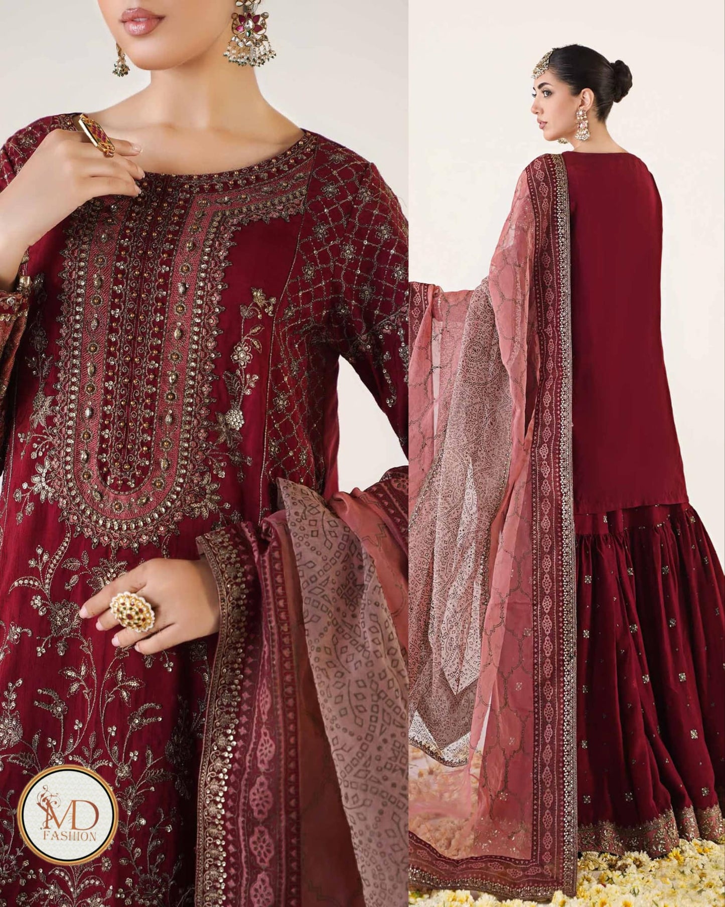 MARIA B Maroon Embroidered GHARARA