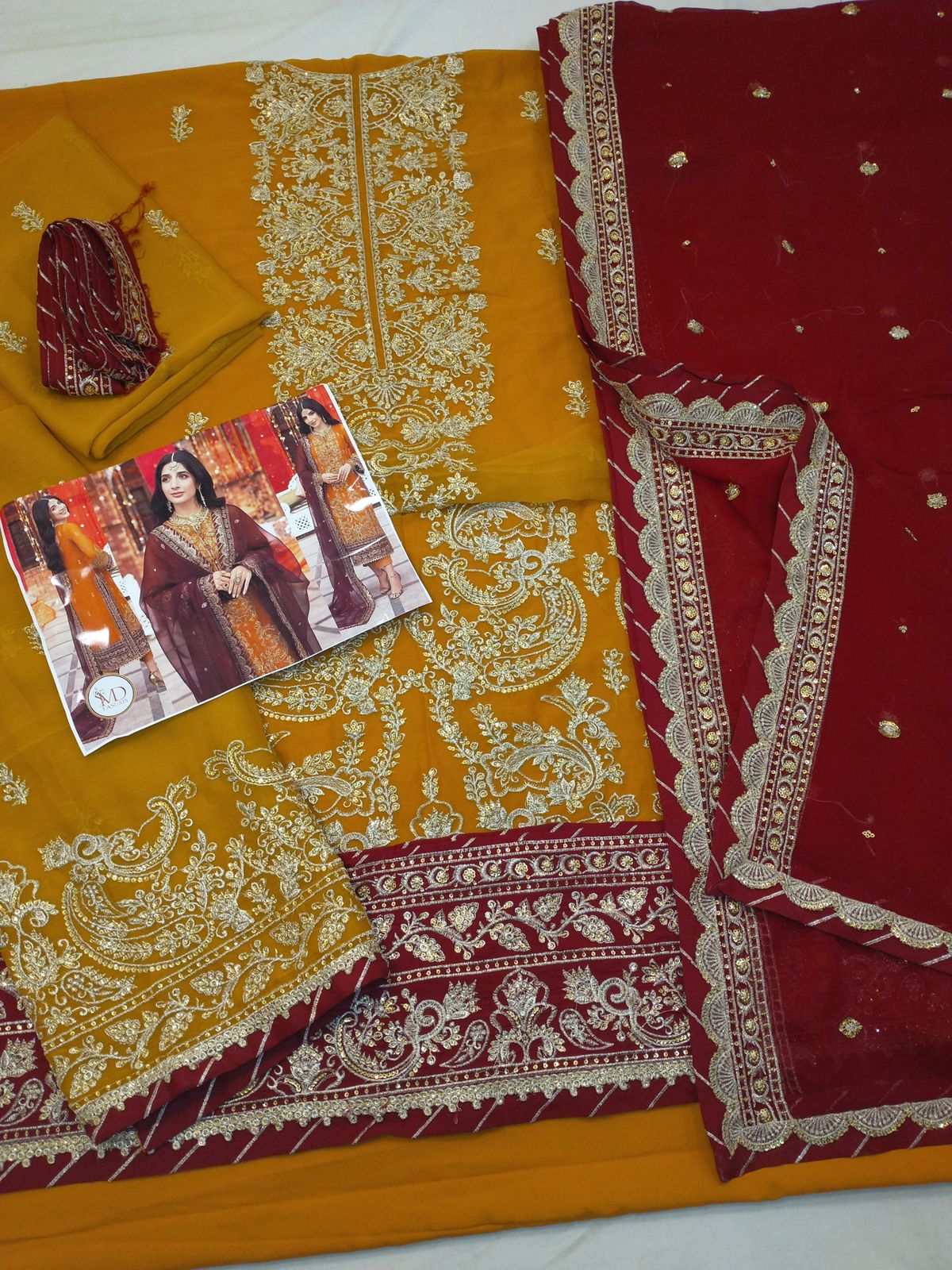 Asim Jofa Mawra mustard maroon chiffon