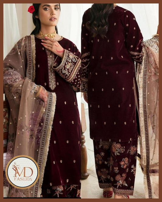 Baroque velvet maroon embroidered trouser