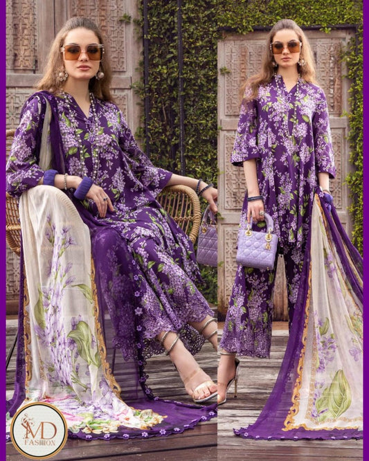 Maria b PURPLE FLORAL DIGITAL PRINTED EMBROIDERED DRESS