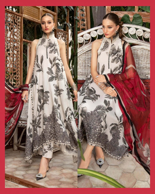 Maria b WHITE RED leaves mprint Lawn article