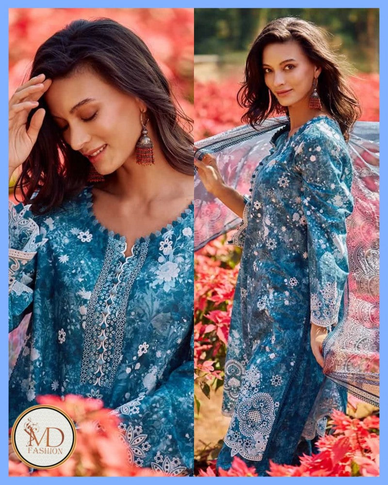 SAMIRA TEAL BLUE CHIKEN PRINTED LAWN