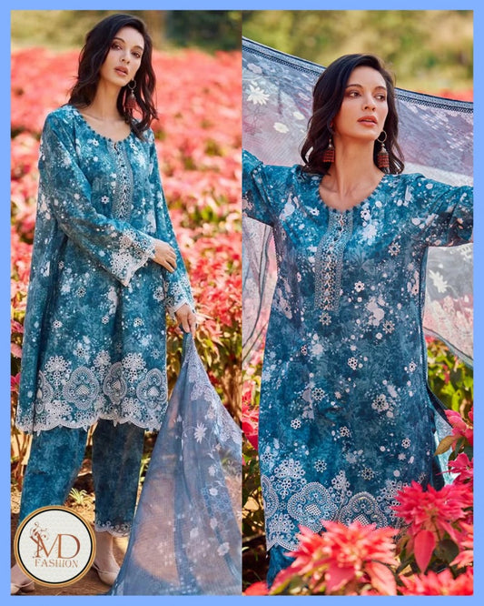 SAMIRA TEAL BLUE CHIKEN PRINTED LAWN