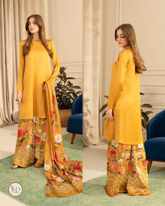 Lulusar Mustard Charmeuse Silk Digital handwork