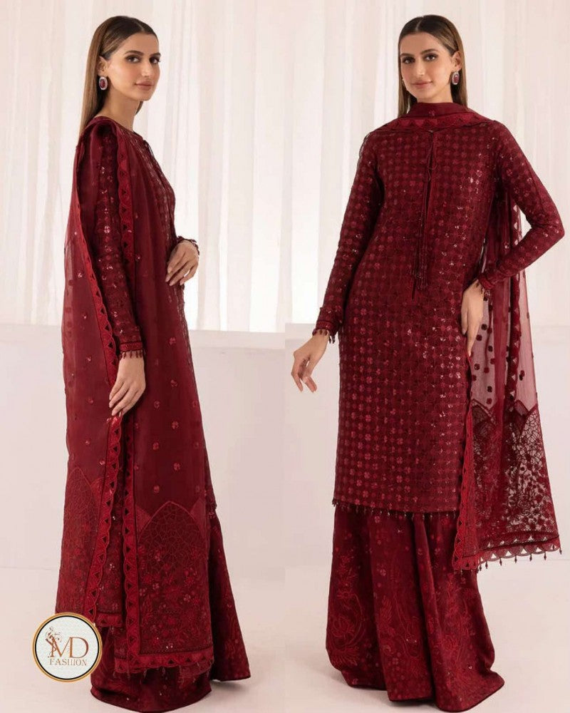 Jazmine Maroon Chiffon with raw silk trouser