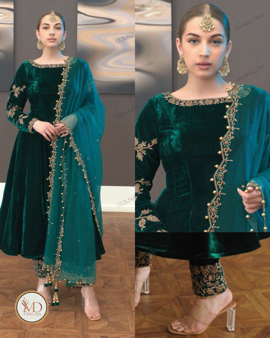 Zafira Green velvet dress with gold work