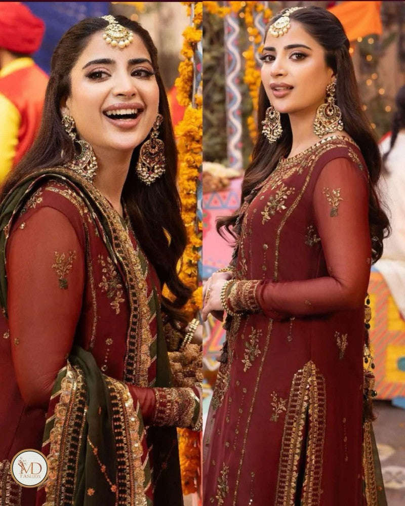 Asim Jofa Saboor Maroon dress with mehndi green