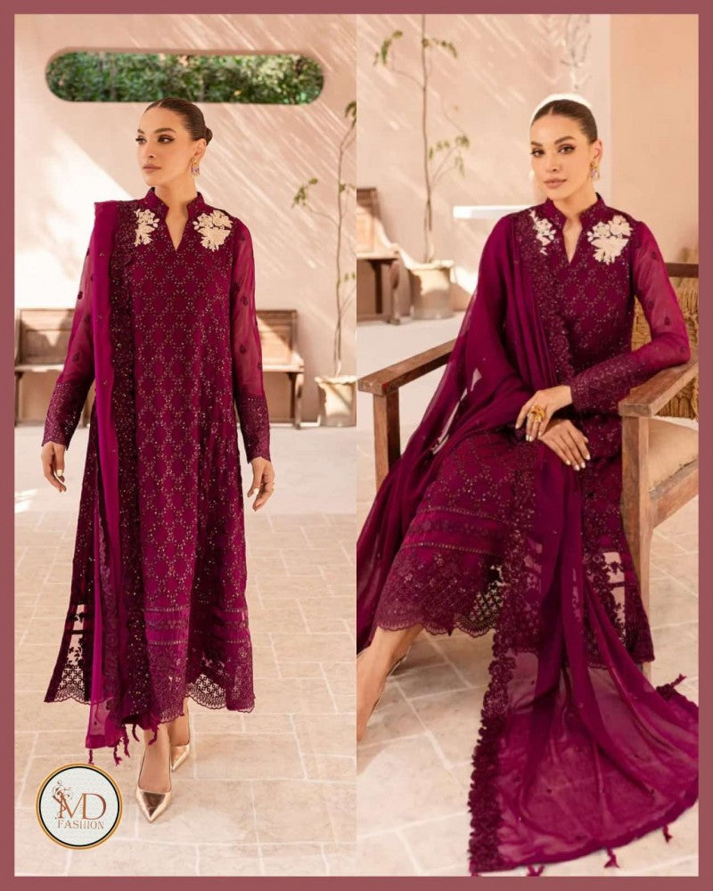 Azure Maroon chiffon embroidered dress