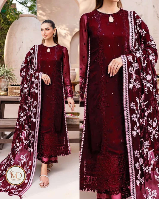 Azure Maroon chiffon embroidered dress