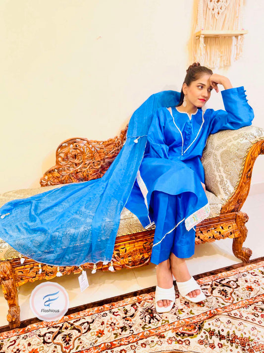 Flashious Stitched Raw-silk SapphireBlue dress