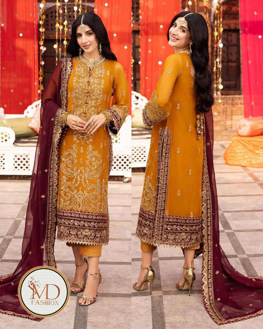 Asim Jofa Mawra mustard maroon chiffon