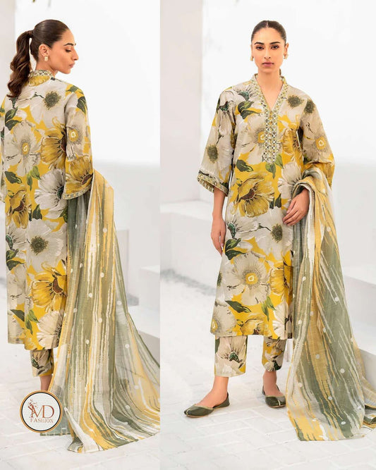 Baroque Floral Lemon Printed Lawn dress