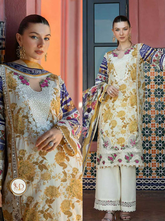 Elaf Mustard Blue Lawn embroidered