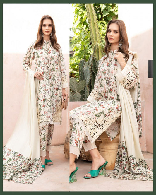 Maria b mprint Suit Beige floral pint 3pcs